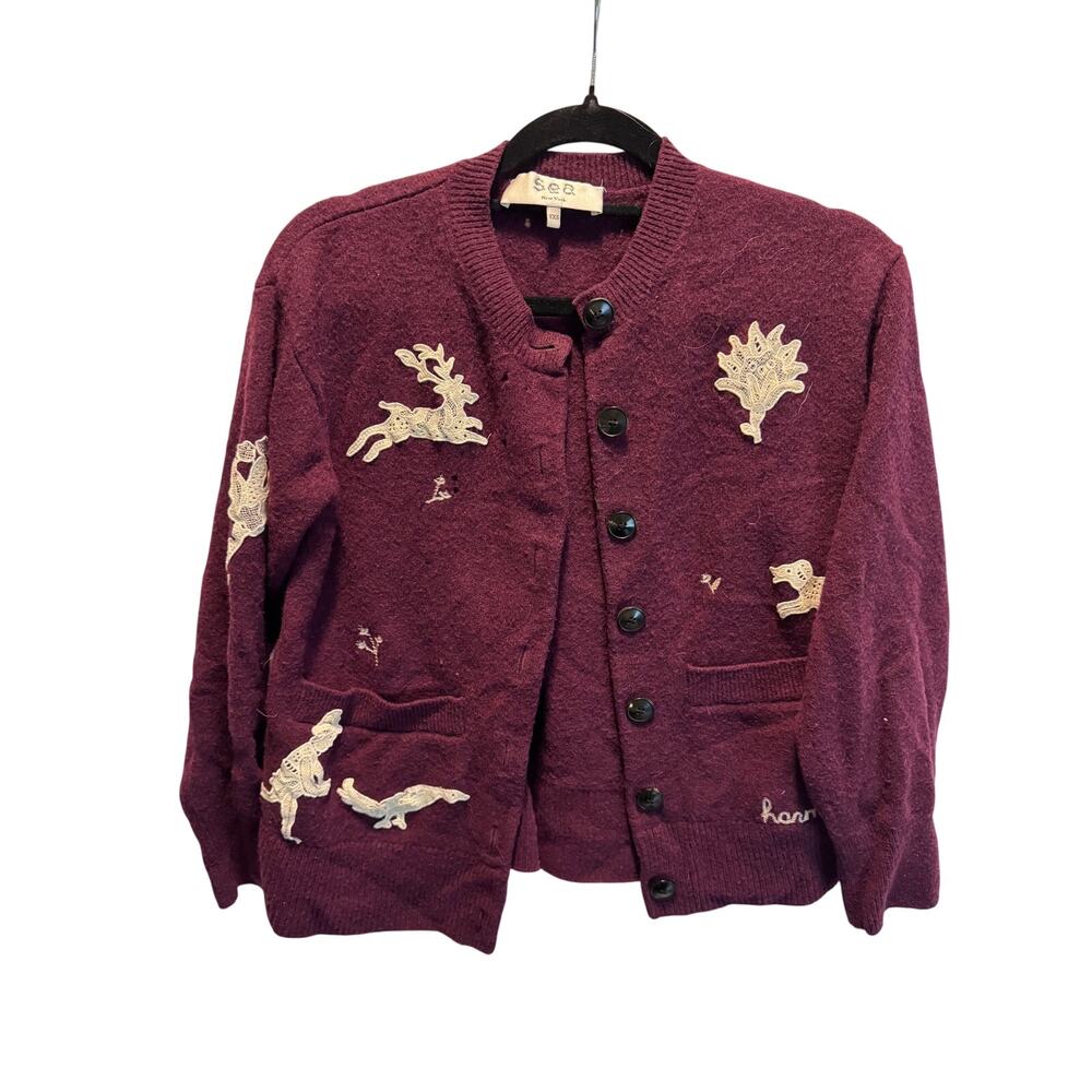 Sea New York XXS Extra Fine Merino Wool Lace Applique Button Cardigan Sweater